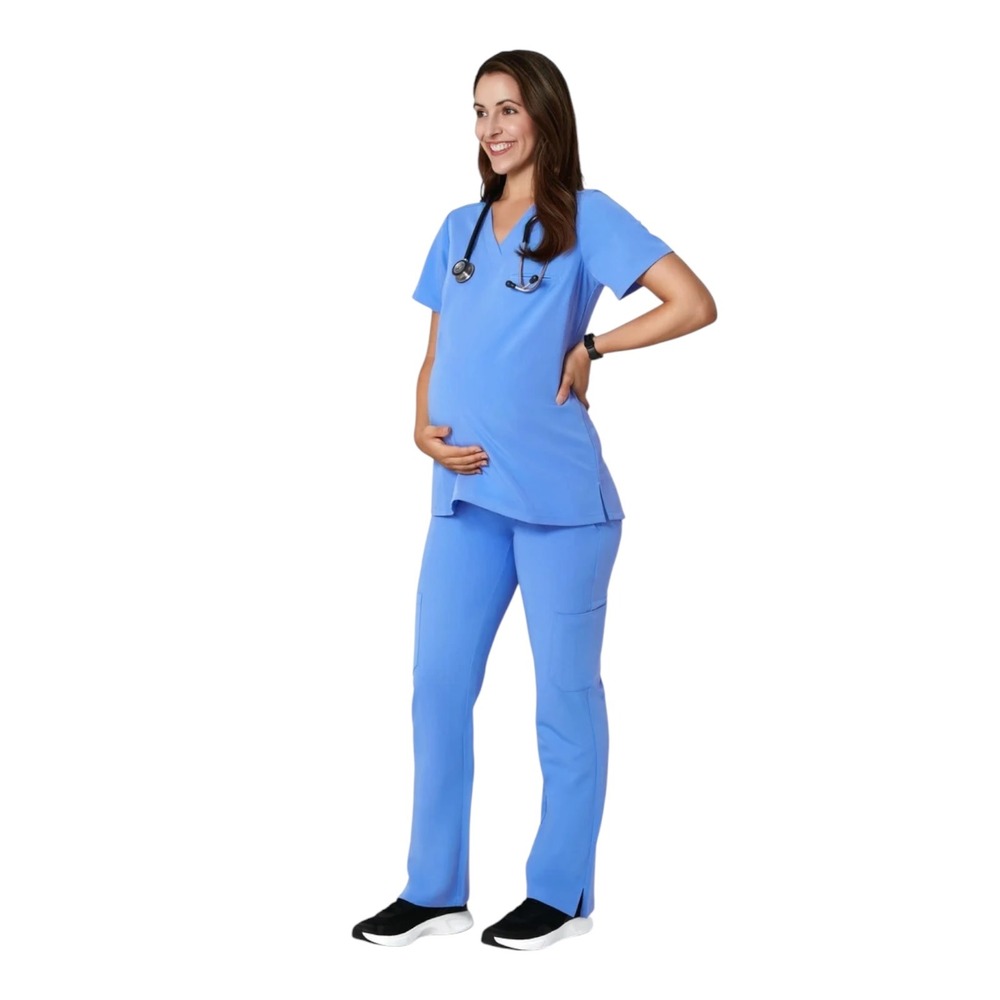 Mandala Women Blue Maternity Scrub‎ Pants Equa-Tek Over Belly Pockets Size PL
